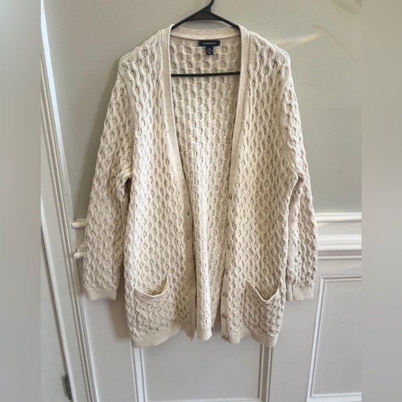 Lands' End Sweaters - Lands’ End Cream Cable Knit Cardigan w/ Metallic Threads | Size 1X
